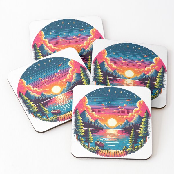 Item preview, Pixel Art Sunset Lake in Retro Neon Style. designed and sold by The-T-In-Retro.