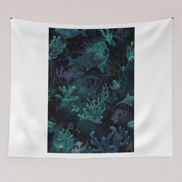 Item preview, Submerged Abyssal Garden: Intricate Coral and Deep Sea Creatures Pattern in Dark Tones designed and sold by MoonlitDoodles1.