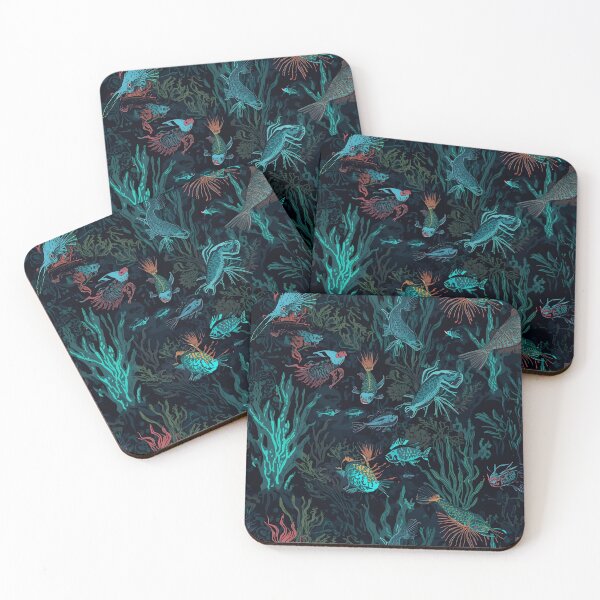 Item preview, Dark Abyss Predation: Intricate Seamless Pattern of Bioluminescent Deep Sea Fish and Spiky Corals in Gothic Tones designed and sold by MoonlitDoodles1.