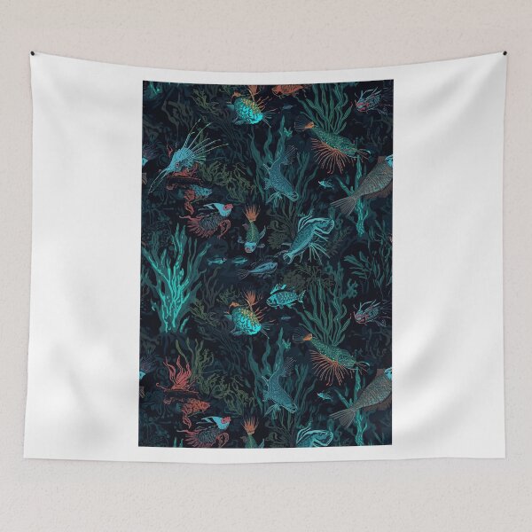 Item preview, Dark Abyss Predation: Intricate Seamless Pattern of Bioluminescent Deep Sea Fish and Spiky Corals in Gothic Tones designed and sold by MoonlitDoodles1.