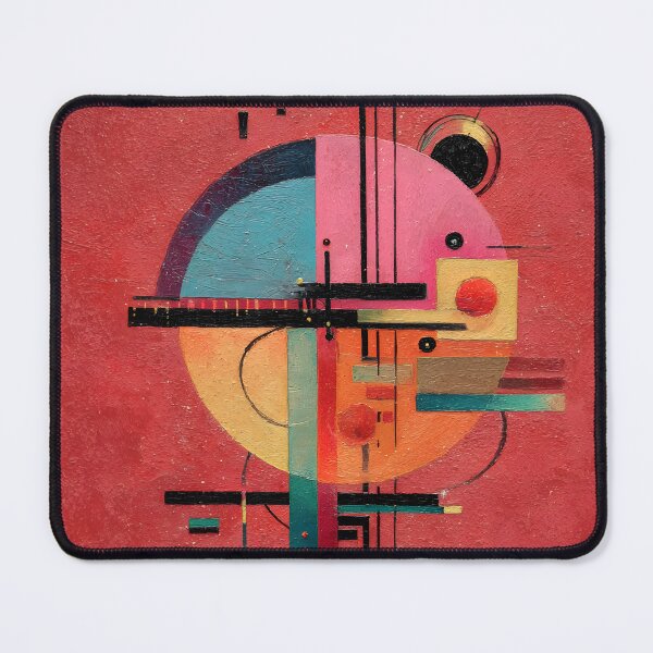 Item preview, Abstract Geometric Composition with Circles Rectangles and Intersecting Lines Red Background designed and sold by OlfactoART Studio.