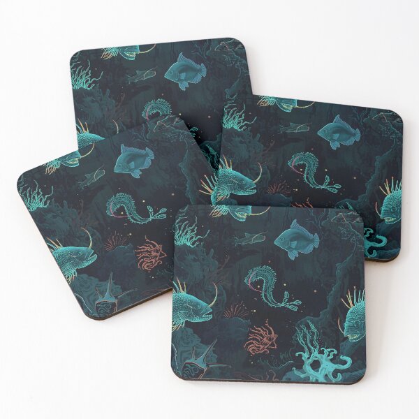 Item preview, Dark Ocean Abyssal Creatures: Mysterious Seamless Pattern of Bioluminescent Fish and Alien Coral Life designed and sold by MoonlitDoodles1.