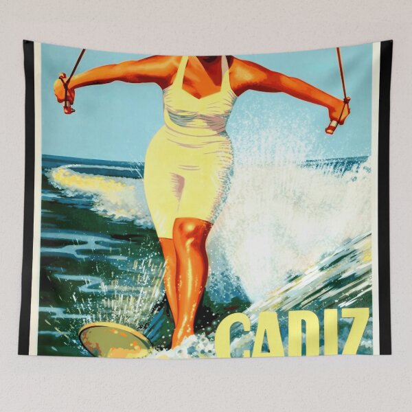 Item preview, Vintage Cádiz Travel Poster | 1955 Water Skiing Art | Mid-Century Modern Decor & Retro Beach Vacation | Summer Holiday Print designed and sold by artofuniverse.
