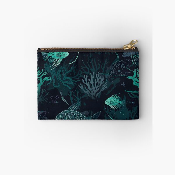 Item preview, Chilling Abyssal Depth: Seamless Pattern of Stylized Bioluminescent Fish and Mysterious Sea Flora in Dark Teal designed and sold by MoonlitDoodles1.