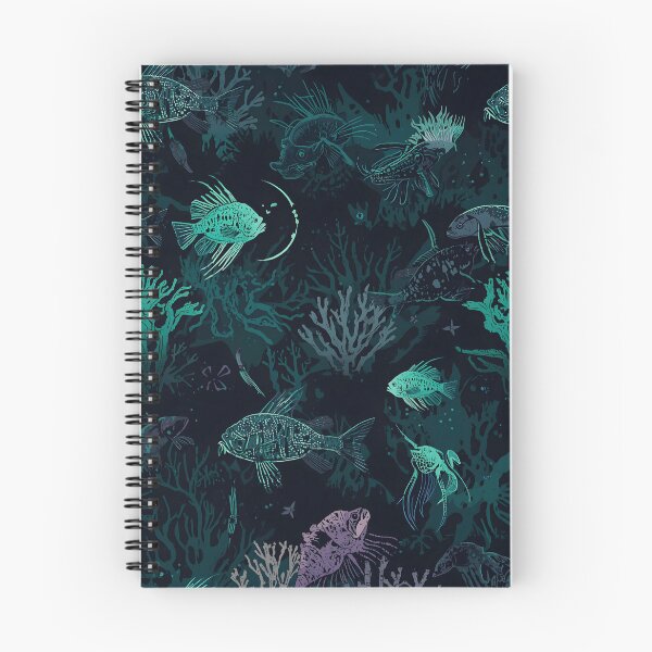 Item preview, Chilling Abyssal Depth: Seamless Pattern of Stylized Bioluminescent Fish and Mysterious Sea Flora in Dark Teal designed and sold by MoonlitDoodles1.