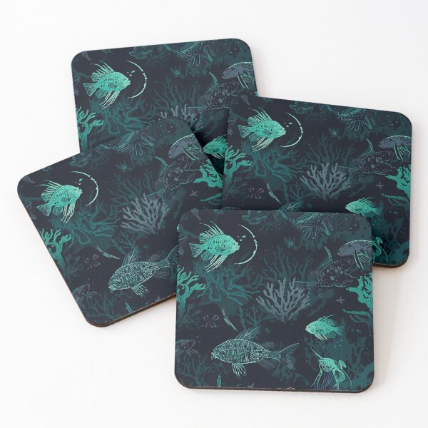 Item preview, Chilling Abyssal Depth: Seamless Pattern of Stylized Bioluminescent Fish and Mysterious Sea Flora in Dark Teal designed and sold by MoonlitDoodles1.