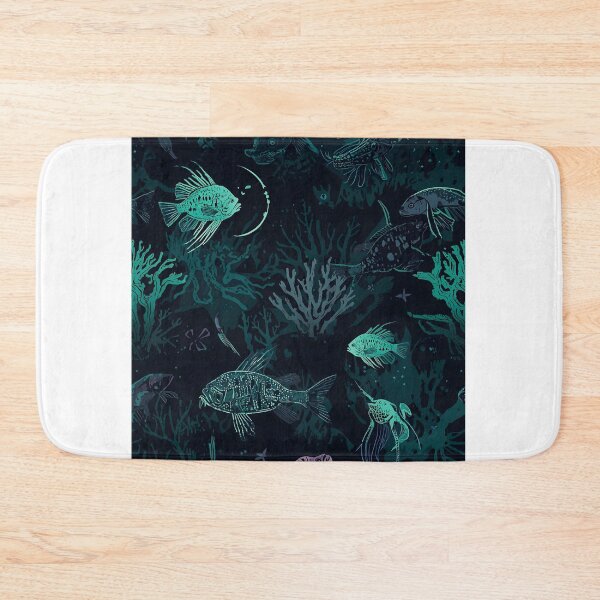 Item preview, Chilling Abyssal Depth: Seamless Pattern of Stylized Bioluminescent Fish and Mysterious Sea Flora in Dark Teal designed and sold by MoonlitDoodles1.
