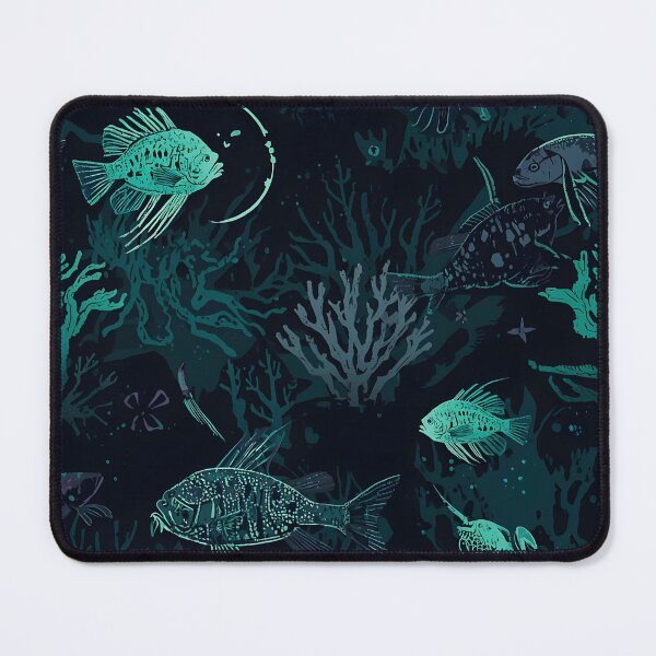 Item preview, Chilling Abyssal Depth: Seamless Pattern of Stylized Bioluminescent Fish and Mysterious Sea Flora in Dark Teal designed and sold by MoonlitDoodles1.