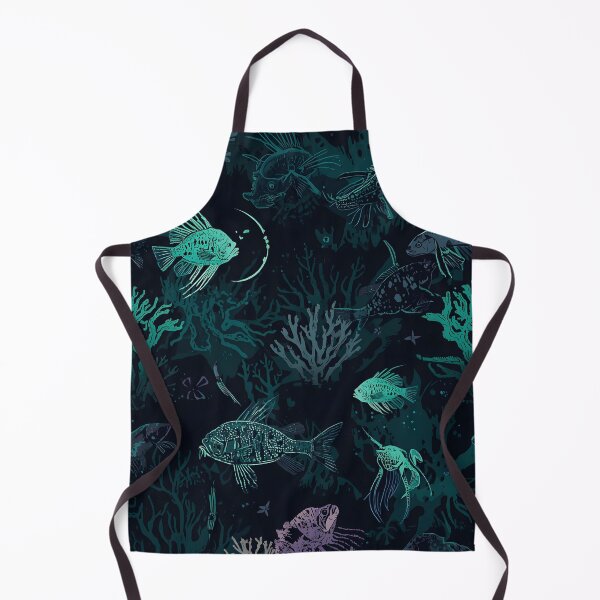 Item preview, Chilling Abyssal Depth: Seamless Pattern of Stylized Bioluminescent Fish and Mysterious Sea Flora in Dark Teal designed and sold by MoonlitDoodles1.