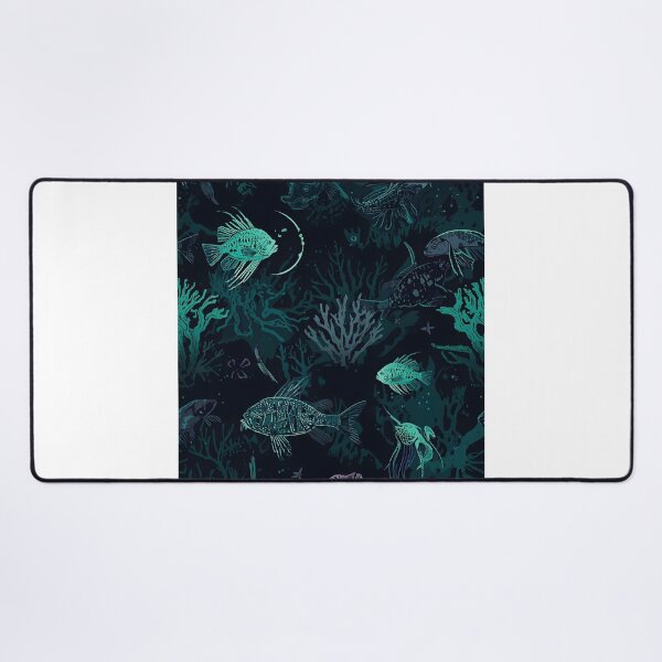 Item preview, Chilling Abyssal Depth: Seamless Pattern of Stylized Bioluminescent Fish and Mysterious Sea Flora in Dark Teal designed and sold by MoonlitDoodles1.