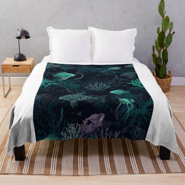 Item preview, Chilling Abyssal Depth: Seamless Pattern of Stylized Bioluminescent Fish and Mysterious Sea Flora in Dark Teal designed and sold by MoonlitDoodles1.