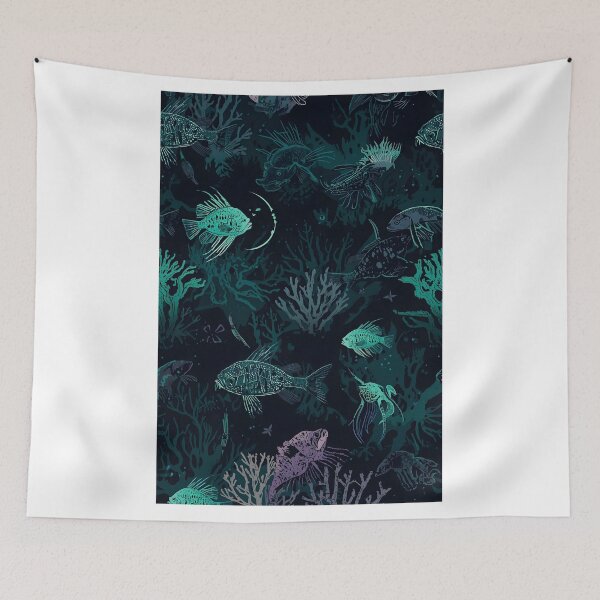 Item preview, Chilling Abyssal Depth: Seamless Pattern of Stylized Bioluminescent Fish and Mysterious Sea Flora in Dark Teal designed and sold by MoonlitDoodles1.