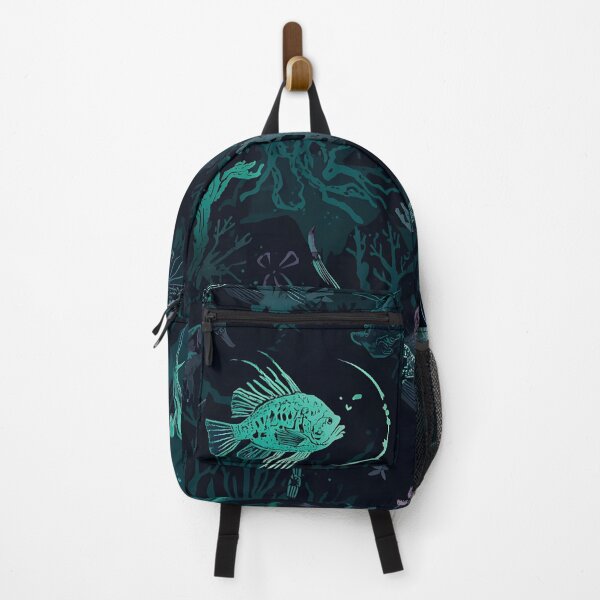 Item preview, Chilling Abyssal Depth: Seamless Pattern of Stylized Bioluminescent Fish and Mysterious Sea Flora in Dark Teal designed and sold by MoonlitDoodles1.