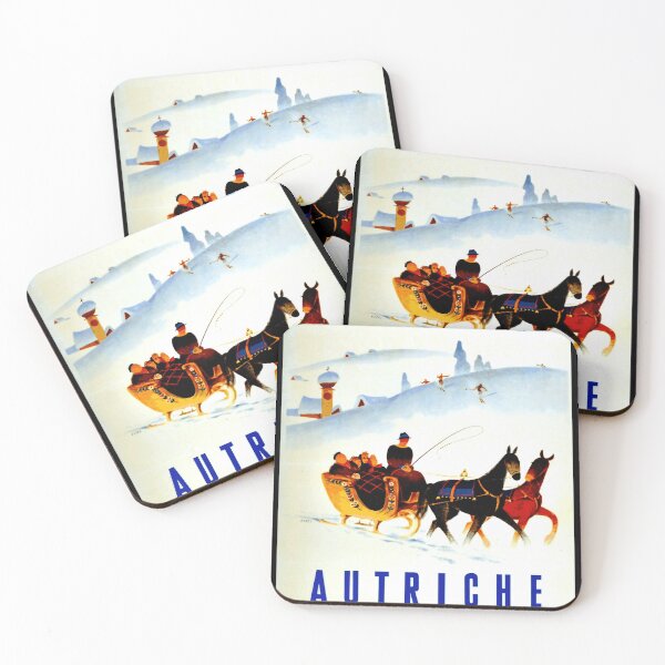 Item preview, Vintage Austria Travel Poster | Mid-20th Century Art | Snow Enchantment & Beauty | Winter Alpine Scene | Horse Sleigh  Skiers designed and sold by artofuniverse.