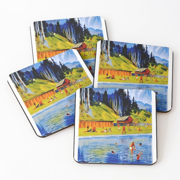 Item preview, Vintage Zweisimmen Travel Poster | Swiss Alps Lithograph Art | Mid-Century Colorful Alpine Swimming & Sunbathing Scene designed and sold by artofuniverse.