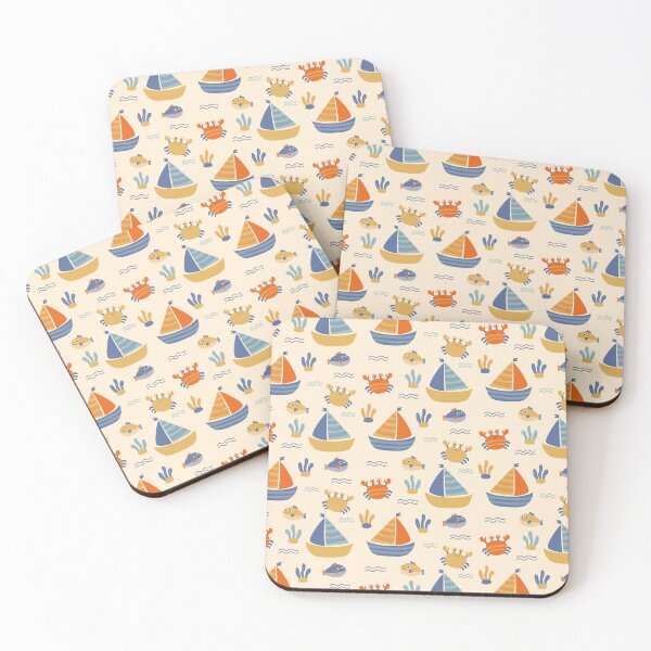 Item preview, Playful hand-drawn ocean theme with sailboats crabs and fish pattern seamless designed and sold by Rnaart.