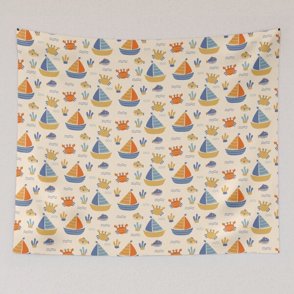 Item preview, Playful hand-drawn ocean theme with sailboats crabs and fish pattern seamless designed and sold by Rnaart.