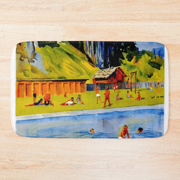 Item preview, Vintage Zweisimmen Travel Poster | Swiss Alps Lithograph Art | Mid-Century Colorful Alpine Swimming & Sunbathing Scene designed and sold by artofuniverse.