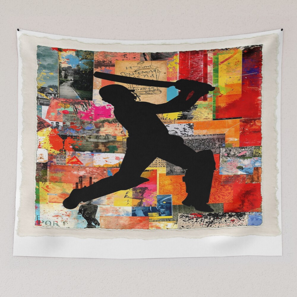 Cricket Player Abstract Colorful Action Silhouette Art on a tapestry