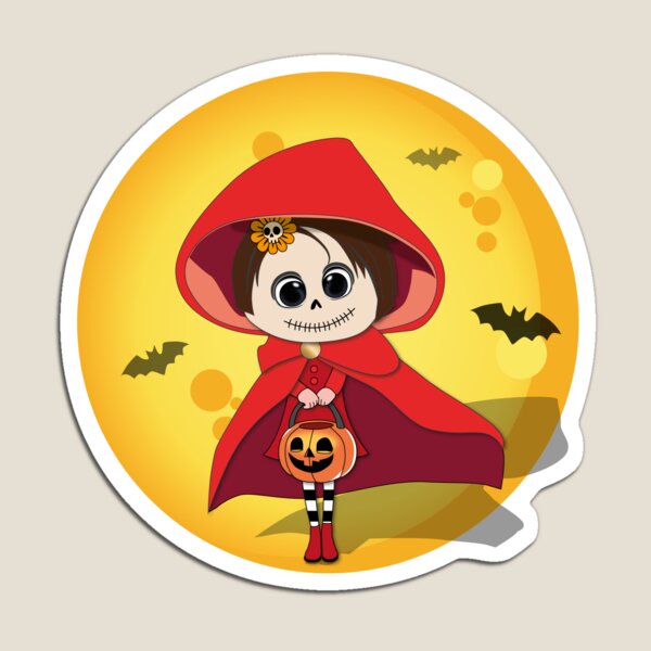 Aperçu de l'œuvre Conte de fées sombre Le Petit Chaperon rouge - Fille d'Halloween avec cape rouge, fleur jaune et seau de citrouille créée et vendue par Vector Woofs.