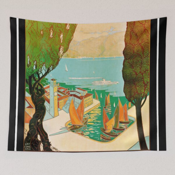 Item preview, Vintage Art Deco Travel Poster | Lago di Garda | Riva | A M R Simeoni | 1920s Style | Bold Colors & Geometric Design designed and sold by artofuniverse.
