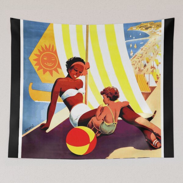 Item preview, Vintage Cattolica Travel Poster | Mid-Century Art Deco Style | Italy Seaside Holiday | F. Romoli Design & Sunlit Beach Scene designed and sold by artofuniverse.