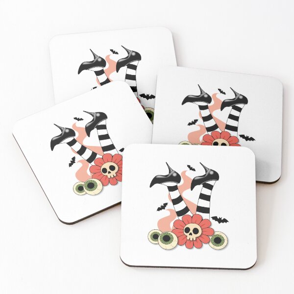 Item preview, Upside-Down Witch Legs with Skull Flower – Spooky Surreal Art (Black & White Tights, Peach Accents, Bats & Eyeballs) designed and sold by Vector Woofs.