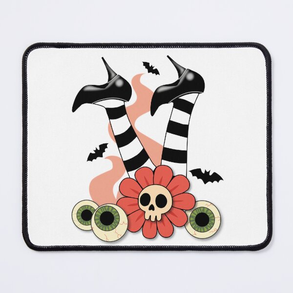 Item preview, Upside-Down Witch Legs with Skull Flower – Spooky Surreal Art (Black & White Tights, Peach Accents, Bats & Eyeballs) designed and sold by Vector Woofs.