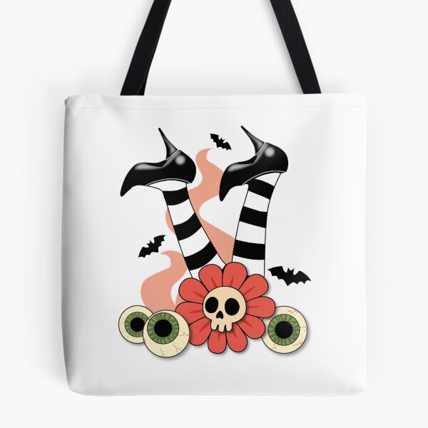 Item preview, Upside-Down Witch Legs with Skull Flower – Spooky Surreal Art (Black & White Tights, Peach Accents, Bats & Eyeballs) designed and sold by Vector Woofs.