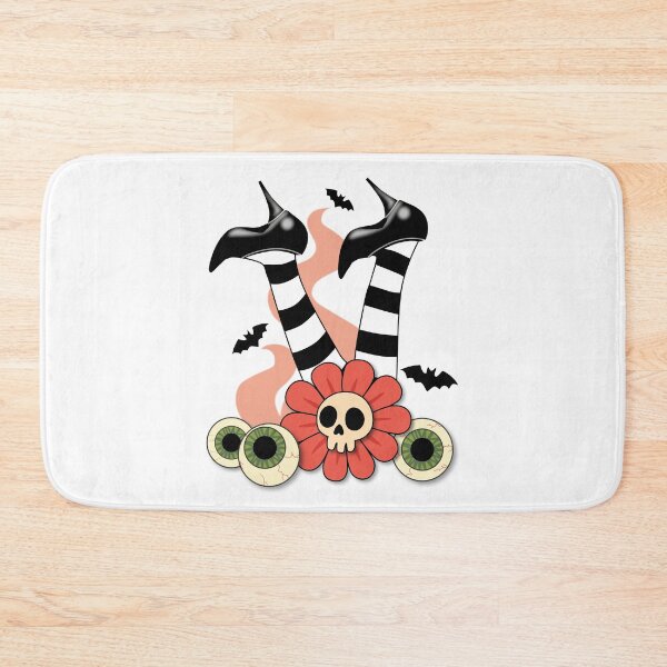 Item preview, Upside-Down Witch Legs with Skull Flower – Spooky Surreal Art (Black & White Tights, Peach Accents, Bats & Eyeballs) designed and sold by Vector Woofs.