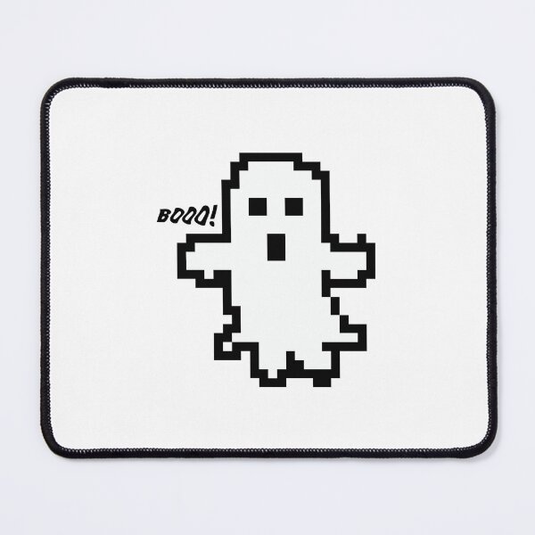 Artikelvorschau, 8-Bit-Geister-Pixelkunst mit wellenförmigem „Buuh!“ – Retro-Halloween-Glitch-Effekt (Schwarzweiß) entworfen und verkauft von Vector Woofs.