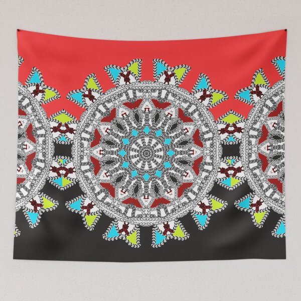 Item preview, Mandala and oriental patterns between black, white, red, green and blue lines divided into two sections, red and black designed and sold by jotcar.