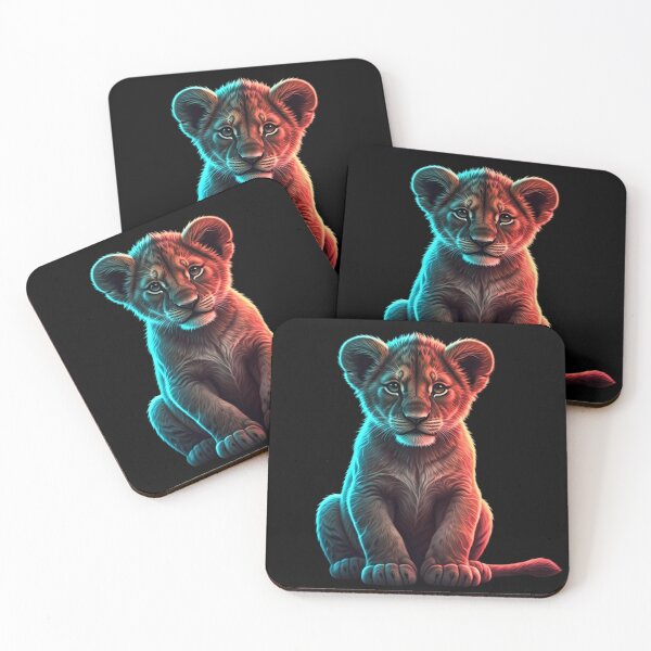 Item preview, Neon Lion Cub – Glowing Cyan and Magenta Digital Art | Cyberpunk Animal Illustration on Black Background designed and sold by PixelVibe782.