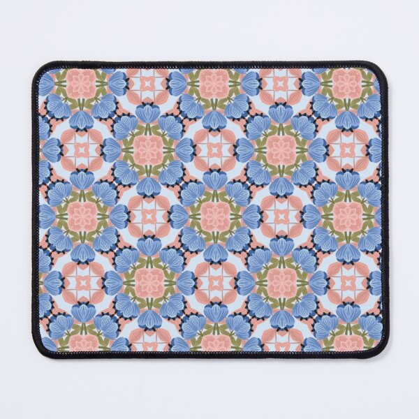 Item preview, Bold floral tile pattern with blue petals and pink rosettes designed and sold by juthamas8426.