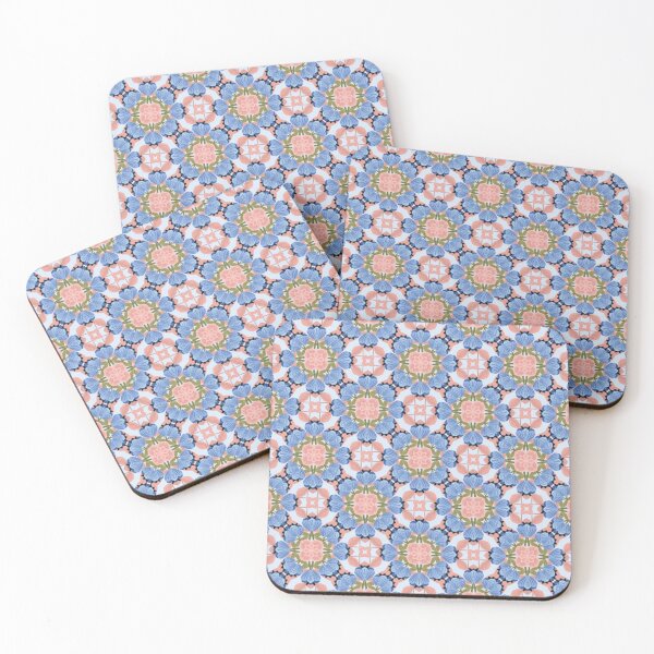 Item preview, Bold floral tile pattern with blue petals and pink rosettes designed and sold by juthamas8426.