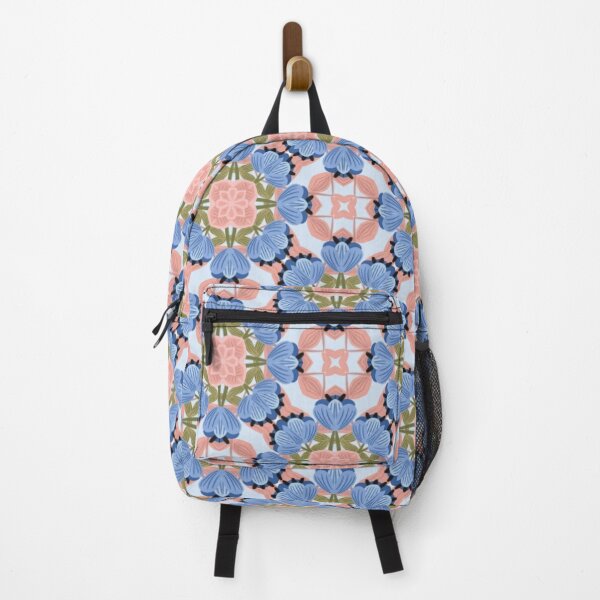 Item preview, Bold floral tile pattern with blue petals and pink rosettes designed and sold by juthamas8426.