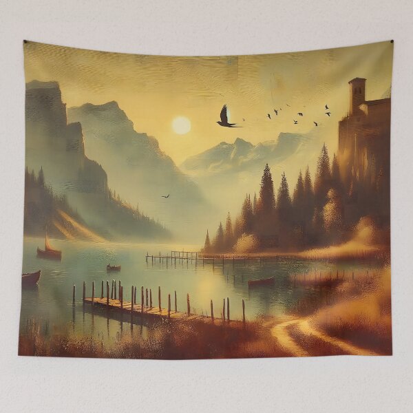 Item preview, Mystic Lakeside Sunrise – Fantasy Castle Landscape Art designed and sold by Artsy2Fartsy.
