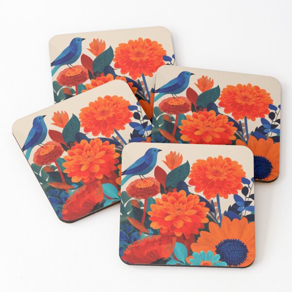 Item preview, Bright Red & Orange Flowers with Blue Birds – Bold Modern Floral Print designed and sold by dawnleblanc55.