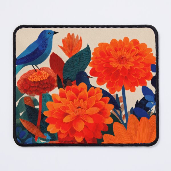 Item preview, Bright Red & Orange Flowers with Blue Birds – Bold Modern Floral Print designed and sold by dawnleblanc55.