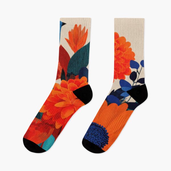 Item preview, Bright Red & Orange Flowers with Blue Birds – Bold Modern Floral Print designed and sold by dawnleblanc55.