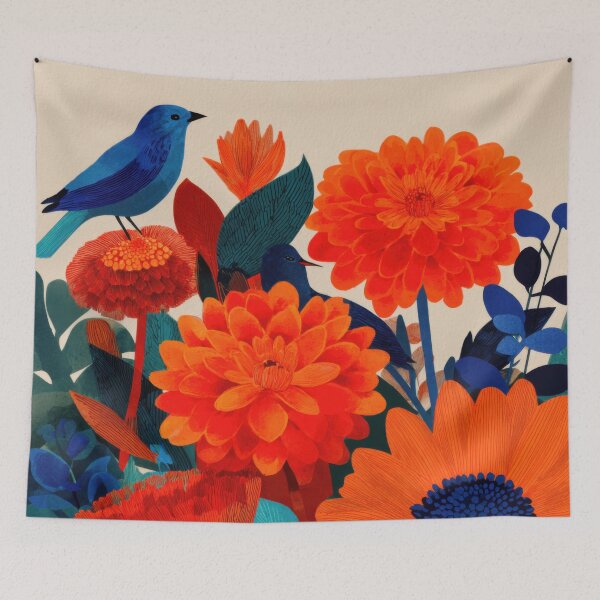 Item preview, Bright Red & Orange Flowers with Blue Birds – Bold Modern Floral Print designed and sold by dawnleblanc55.