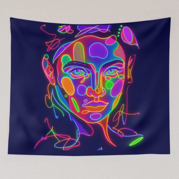 Item preview, Luminous Frequency - neon psychedelic abstract portrait art, of woman, line art, modern hippie boho  designed and sold by DzurDesigns .