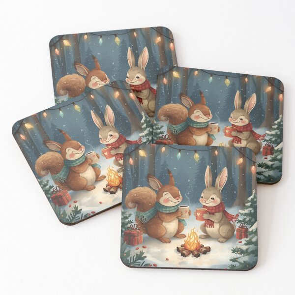 Item preview, Squirrel and Bunny Sharing Cocoa by the Winter Campfire designed and sold by WildlifeWhimsy.