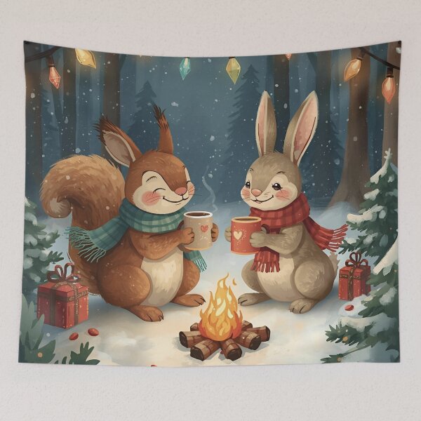 Item preview, Squirrel and Bunny Sharing Cocoa by the Winter Campfire designed and sold by WildlifeWhimsy.
