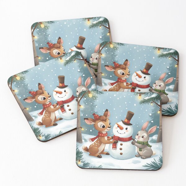 Item preview, Baby Deer and Bunny Building a Snowman in the Forest designed and sold by WildlifeWhimsy.