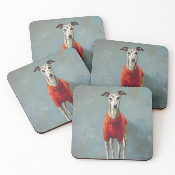 Item preview, White Whippet in Red Coat on Striped Rug — Modern Dog Portrait Painting designed and sold by dawnleblanc55.