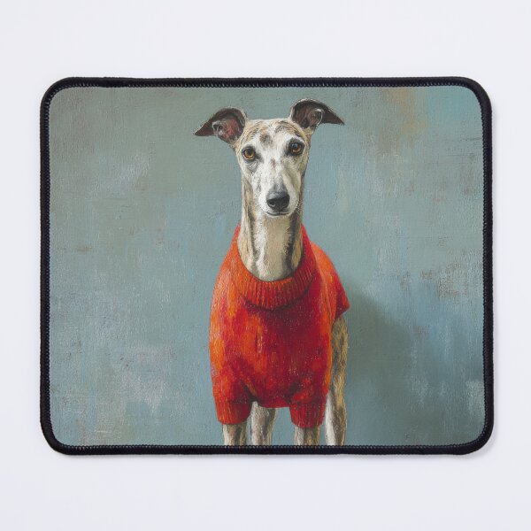 Item preview, White Whippet in Red Coat on Striped Rug — Modern Dog Portrait Painting designed and sold by dawnleblanc55.