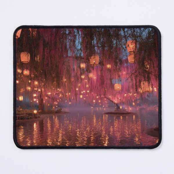 Item preview, Glowing Lanterns in Weeping Willow Garden – Dreamy Night Reflection Art Print designed and sold by ArgentoArt.