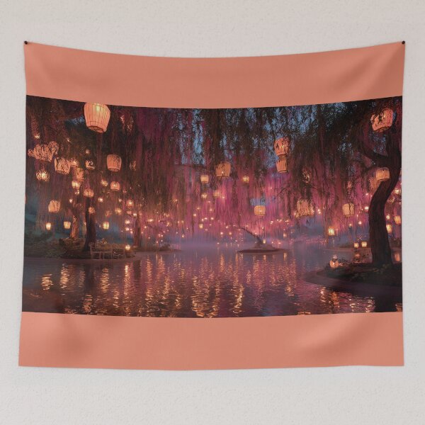 Item preview, Glowing Lanterns in Weeping Willow Garden – Dreamy Night Reflection Art Print designed and sold by ArgentoArt.