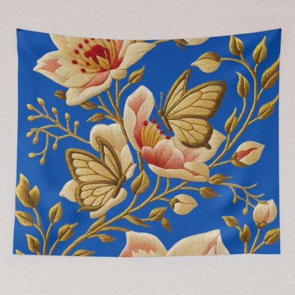 Item preview, Embroidery of a Pair of Butterflies among Cream and Shaded Flowers designed and sold by Ciervo Primavera.